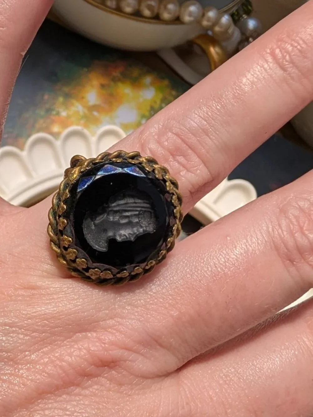 Vintage Jet Black Glass Intaglio Braided Brass Victorian Ring, Size 5.5